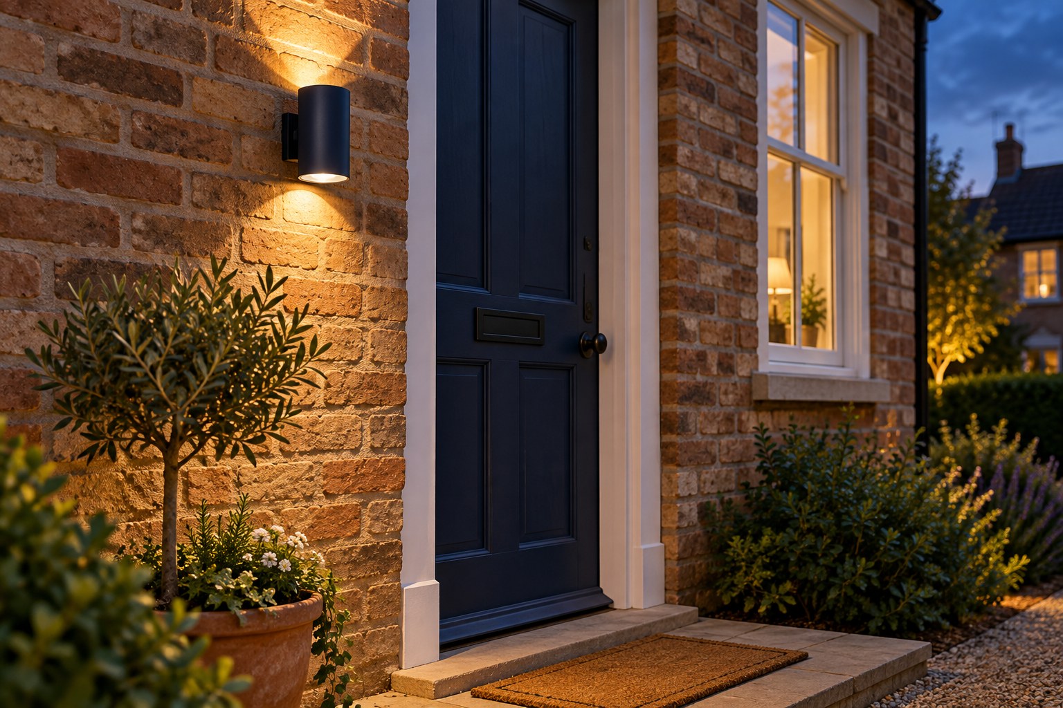 Warm up-and-down wall light beside a navy front door on a brick British home